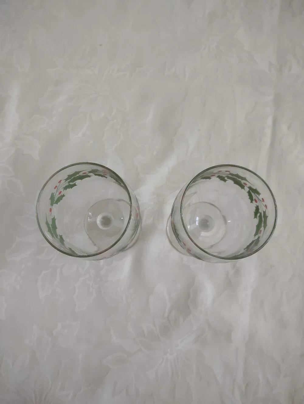 Holiday Holly Berries Hand Painted Stemmed Tall Crystal Glasses Wine Champagne